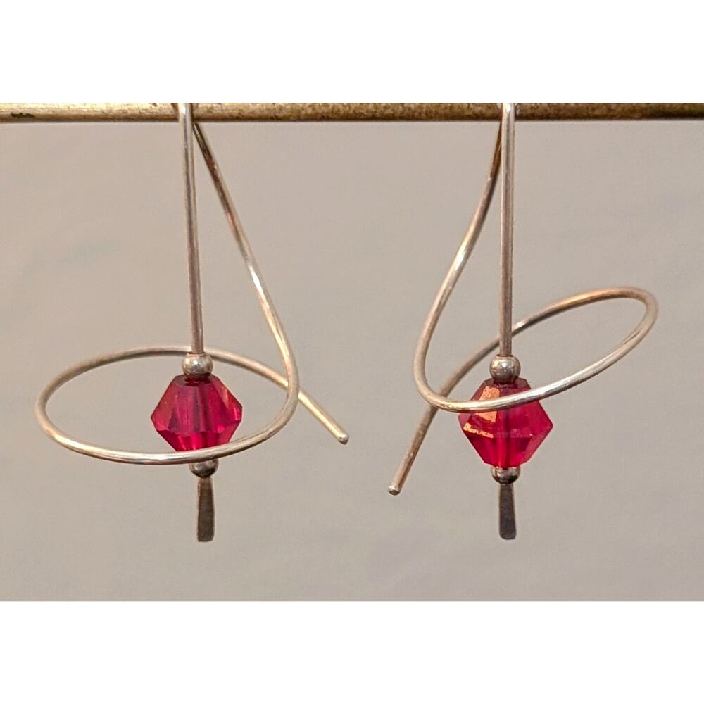Vintage Signed ME 925 Sterling Red Crystal Bead Ear Spiral Ear Wire Earrings